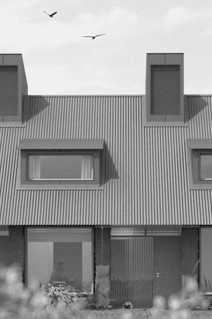 a visualisation of a building in tones of grey