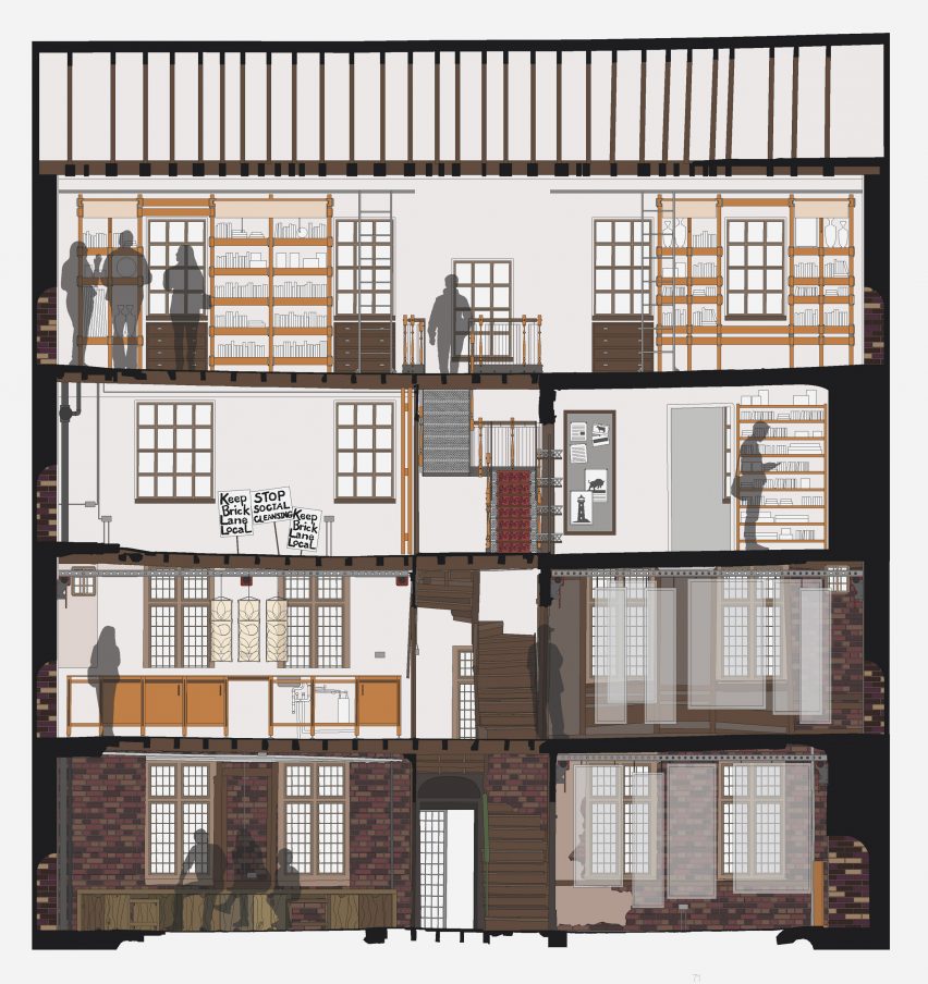 a diagram of a building with figures and furniture in it in tones of brown and orange