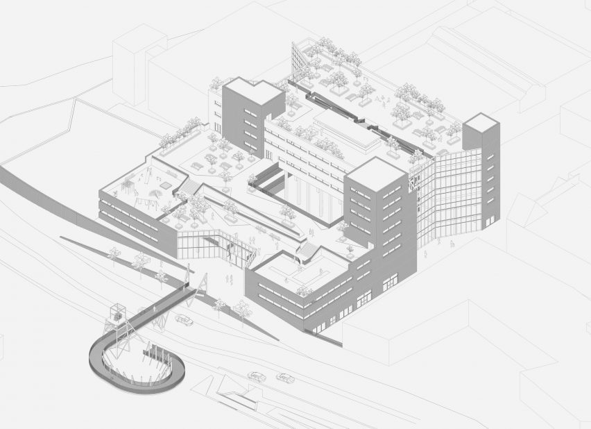 a diagram of a building in tones of grey and white