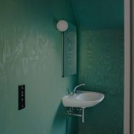 Green plywood walls inside bathroom