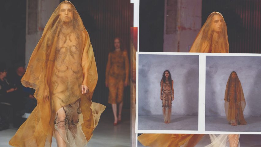 a series of photographs of a person wearing a golden garment over their head and body