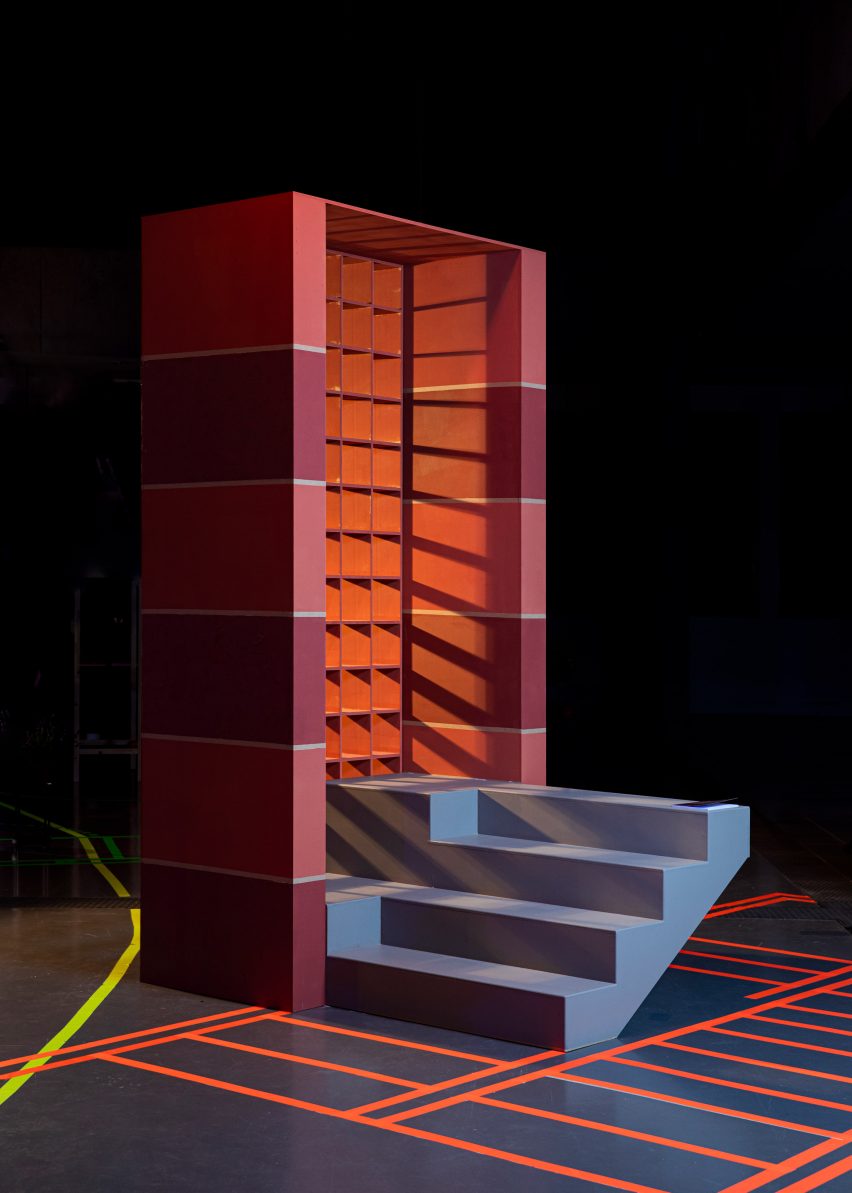 a photograph of a rectangular model in tones of orange and blue