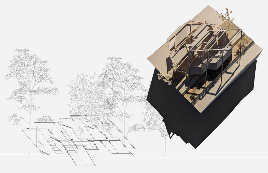 a photograph of an architectural model beside a drawing of it