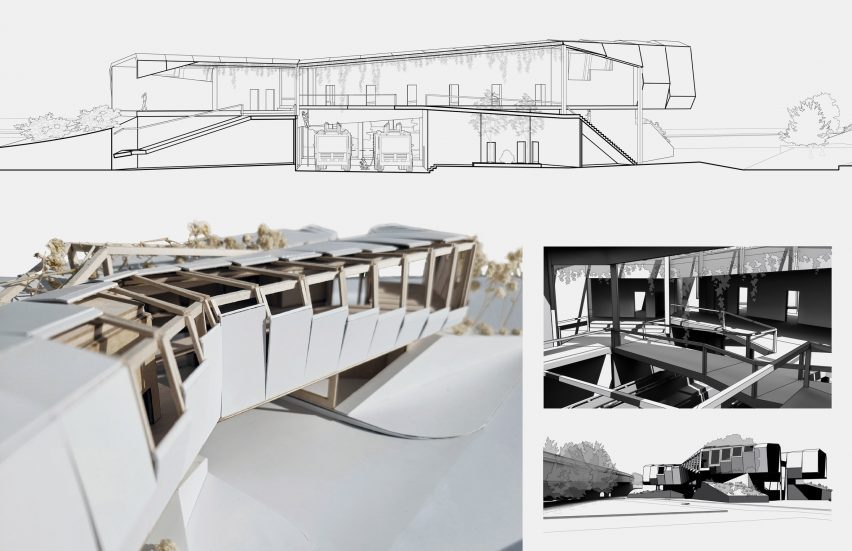 a photograph of an architectural model beside a drawing of it
