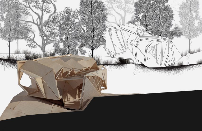 a photograph of an architectural model beside a drawing of it