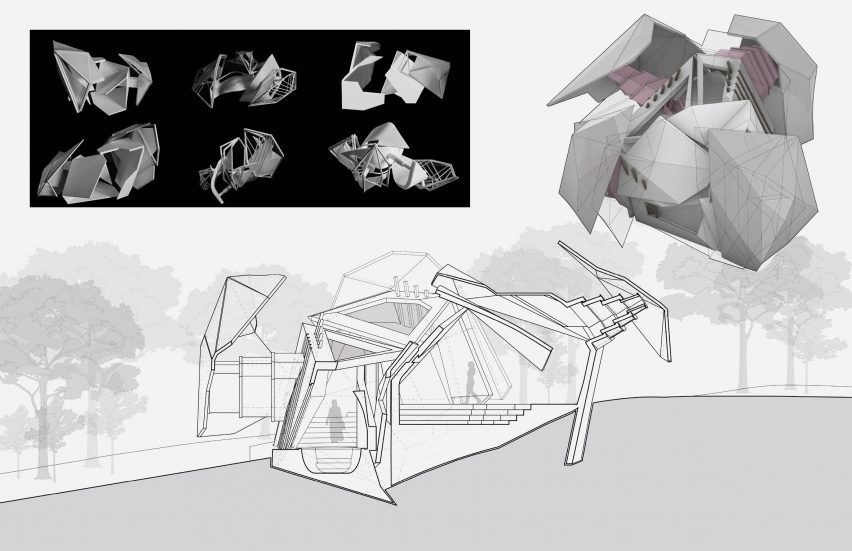 a photograph of an architectural model beside a drawing of it