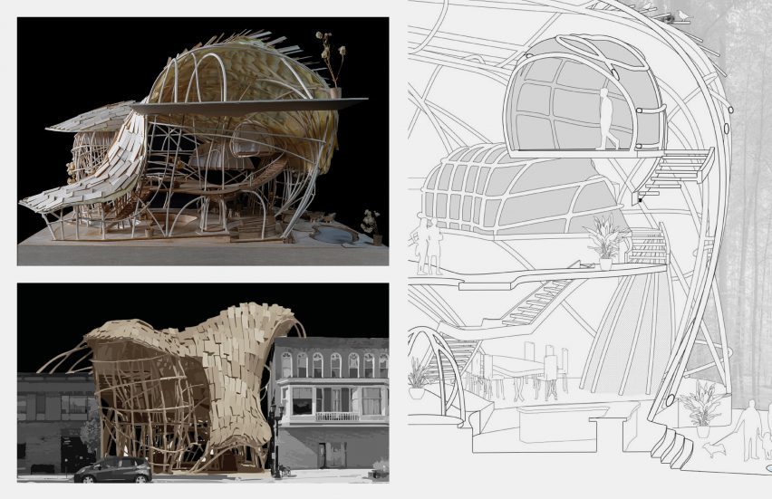 a photograph of an architectural model beside a drawing of it