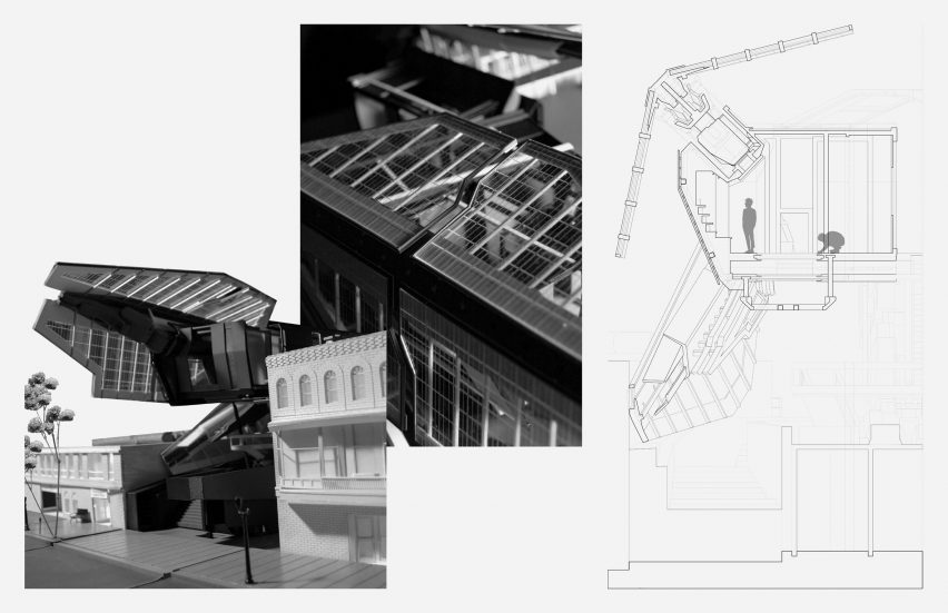 a photograph of an architectural model beside a drawing of it