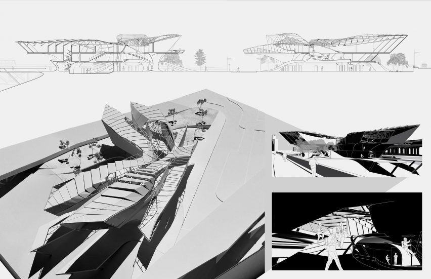 a photograph of an architectural model beside a drawing of it