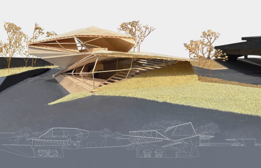 a photograph of an architectural model beside a drawing of it