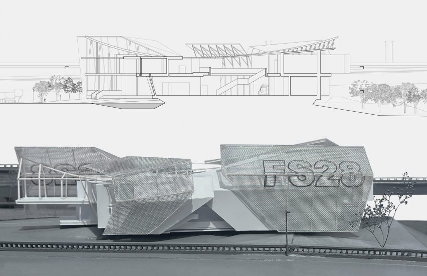 a photograph of an architectural model beside a drawing of it