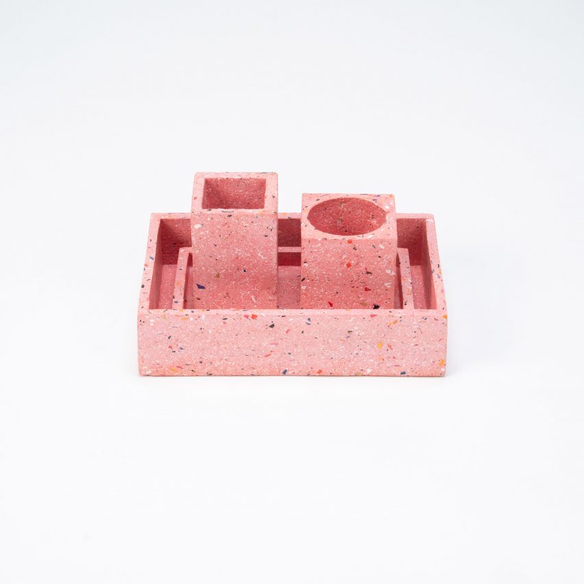 Pink tray and holders by Max Lamb