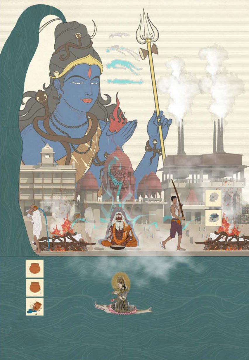 an image showing buildings along a body of water, with a blue figure looking over