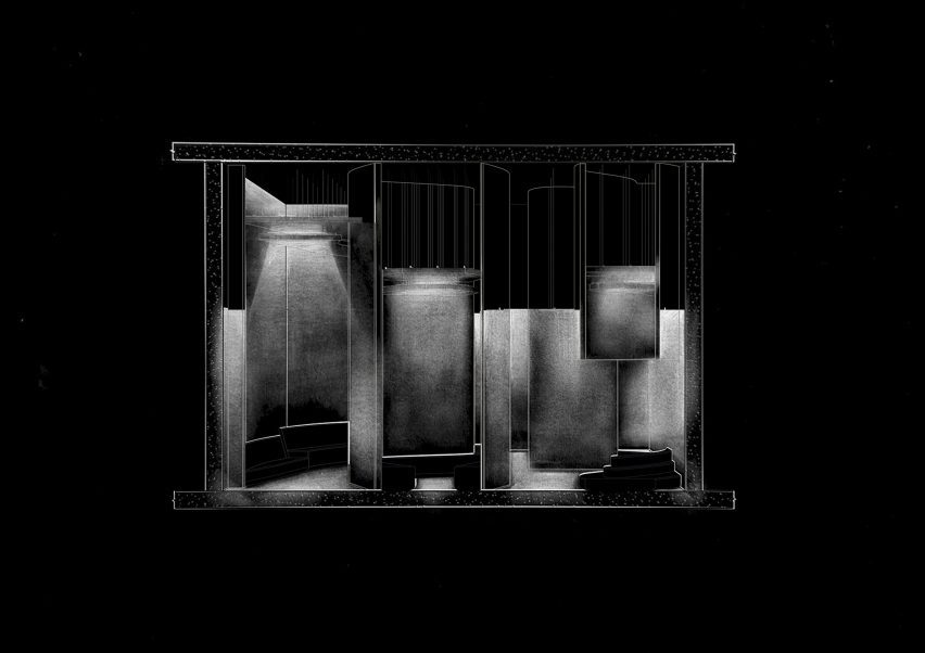 an image showing a building in tones of grey and black