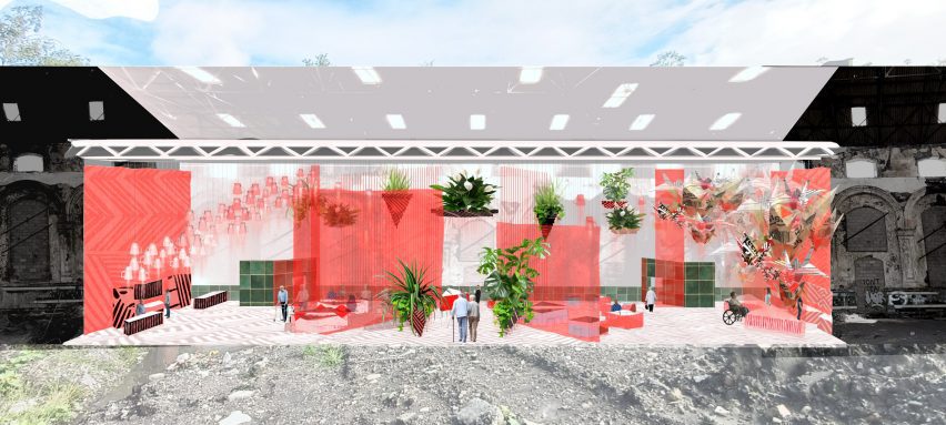a visualisation of a building in tones of pink and green
