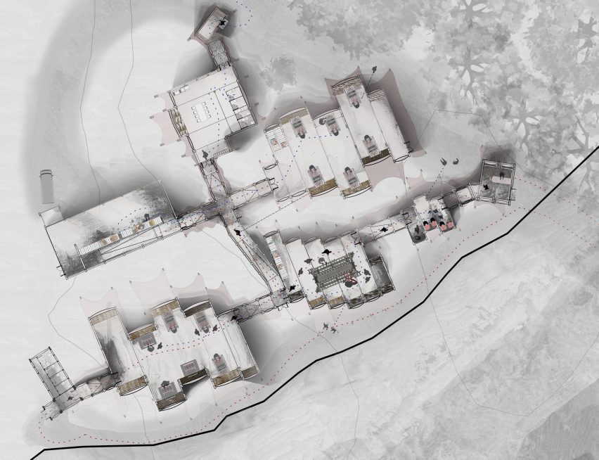 an image showing buildings from above in tones of white and grey