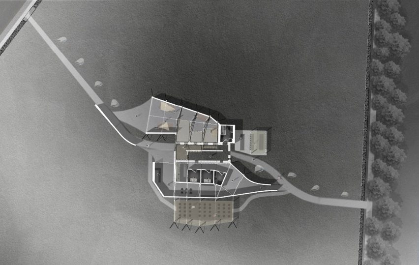 a visualisation showing a building from above in a body of water
