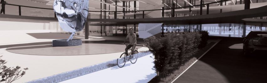Arkasında bir bina bulunan bir kişinin bir yol boyunca bisiklet sürdüğünün görselleştirilmesi