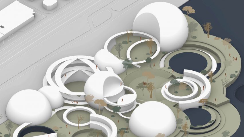 a visualisation of white spherical buildings on a beige and navy surface