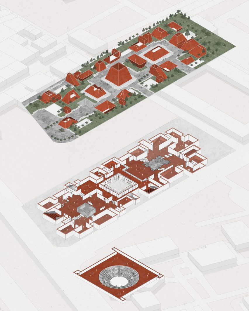 an architectural diagram in tones of white, red and green