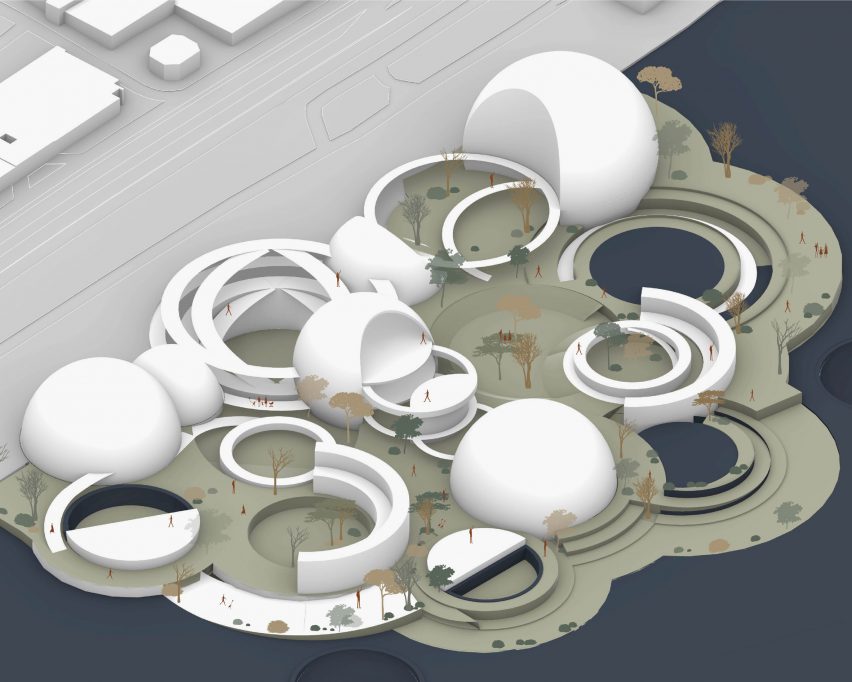 a visualisation of white spherical buildings on a beige and navy surface