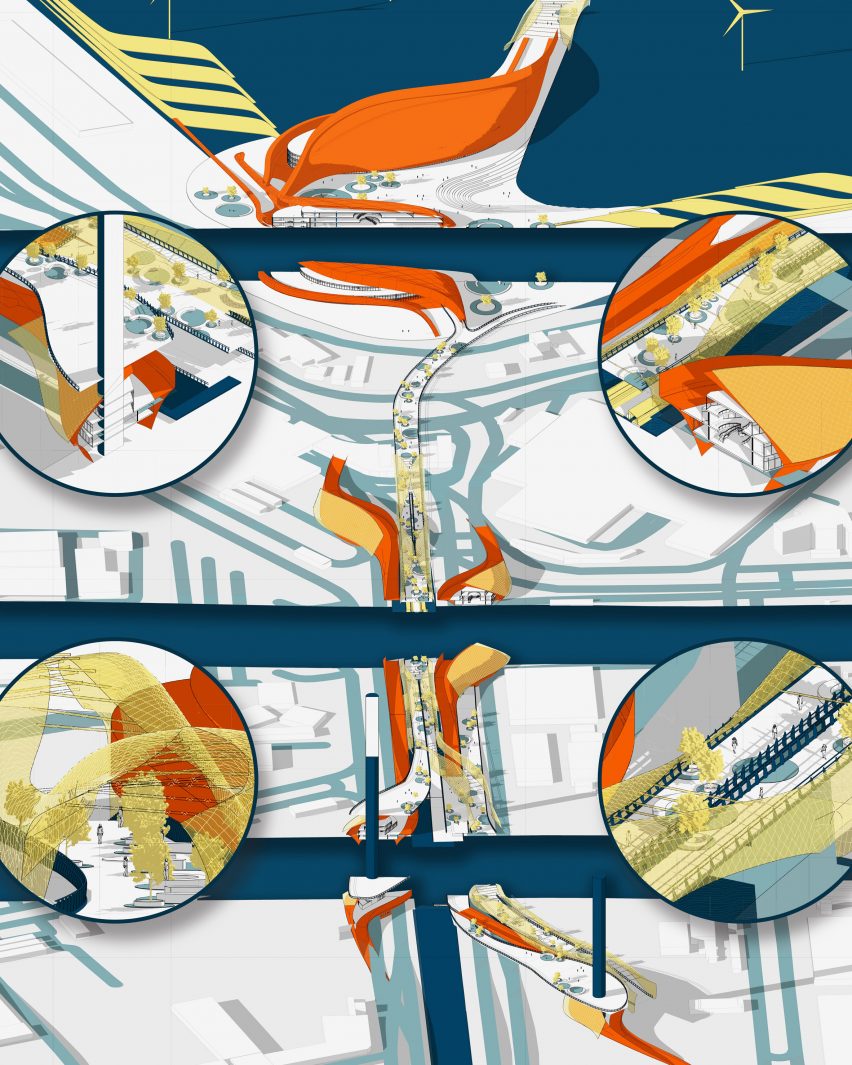 an image representing an architectural proposal in tones of white, blue and orange