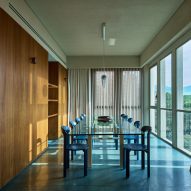 Dining room with green floors