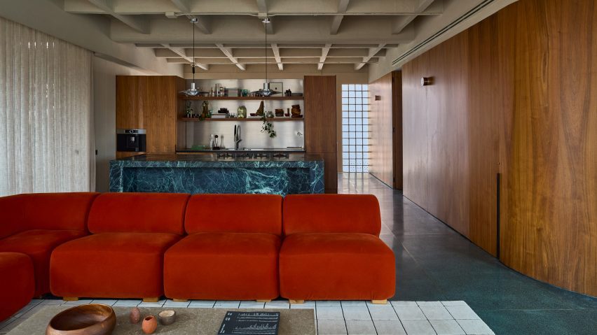 Orange velvet couch
