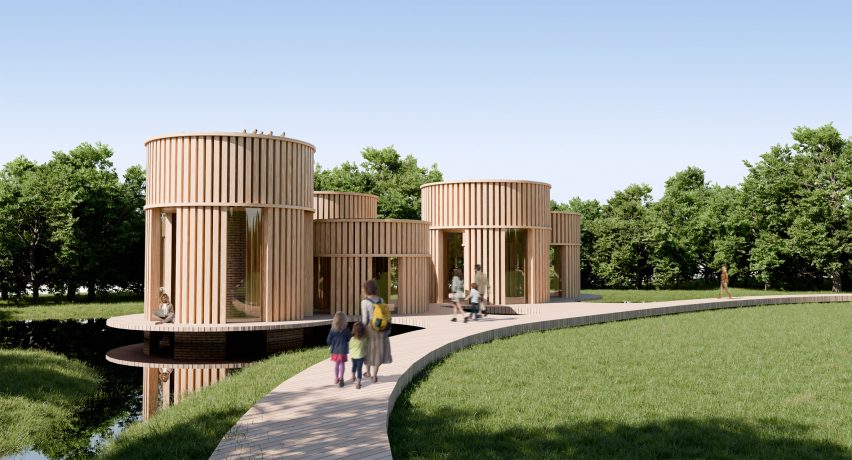 a visualisation of beige buildings with a pathway and green grass next to it