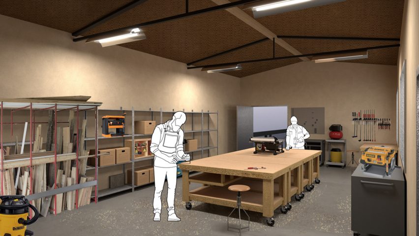 a photograph of a wood workshop with white figures overlaid on it