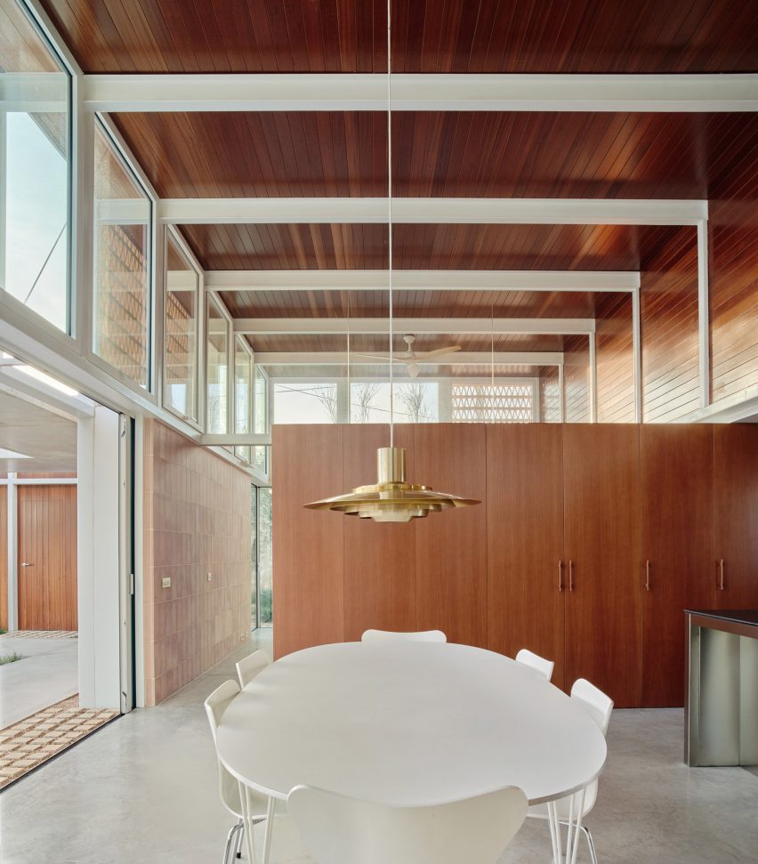 Wood-lined dining room