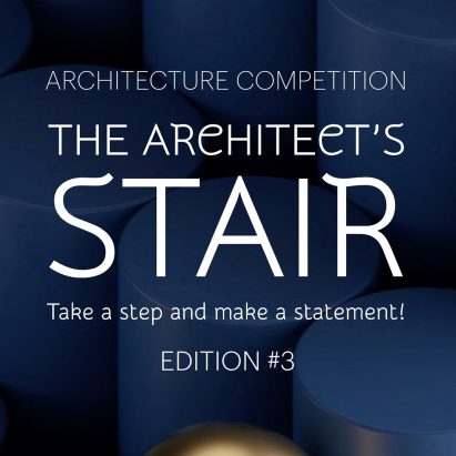 a poster for an architecture competition, featuring a blue background and white text over it