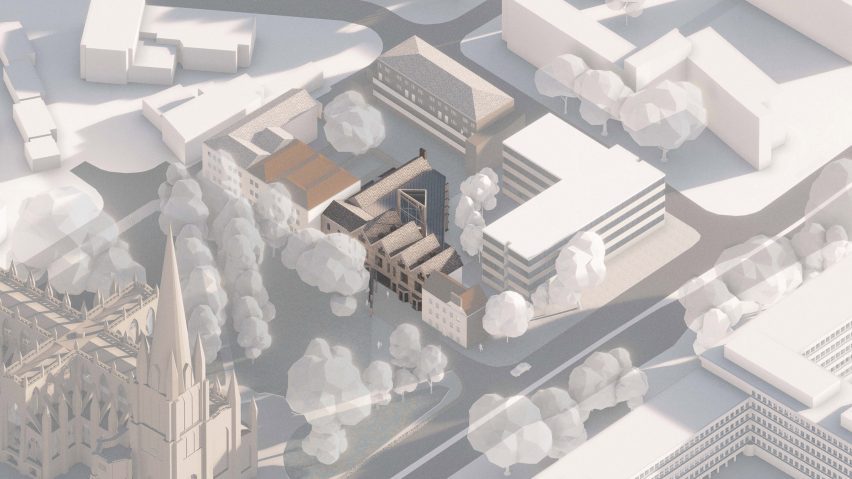 a visualisation from above of a building in tones of grey, white and beige
