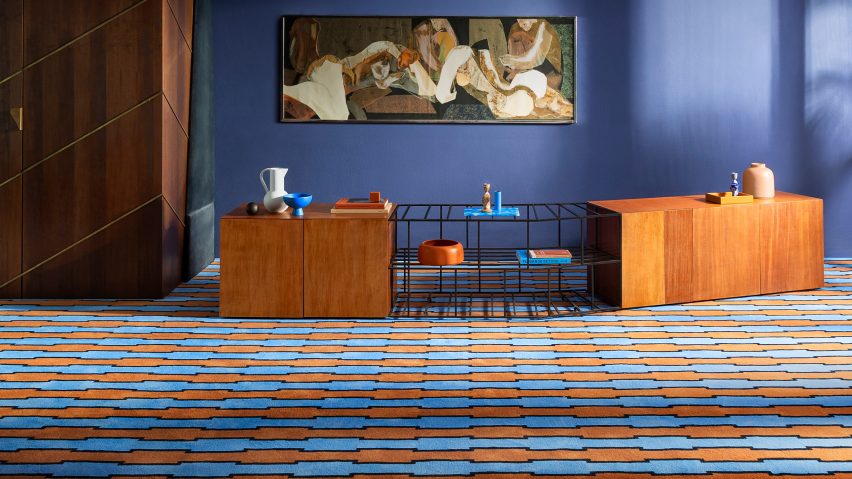 Newstalgia carpet in an orange and blue pattern