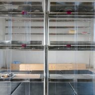 Close up of storage area seen through plastic curtains