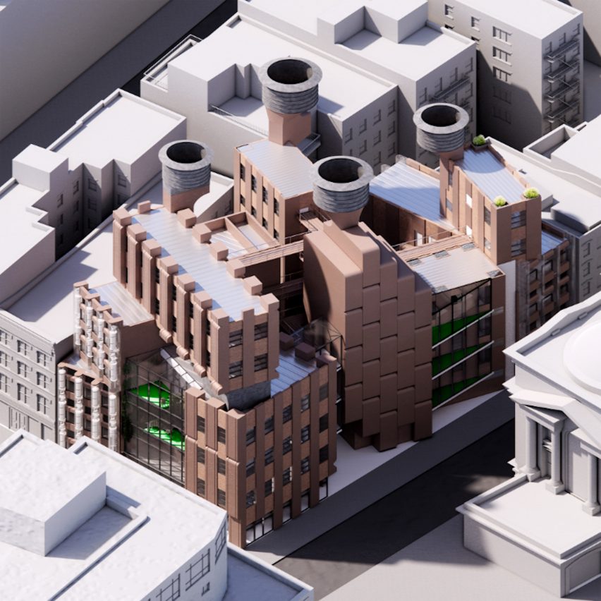 a visualisation of a building in tones of brown and grey