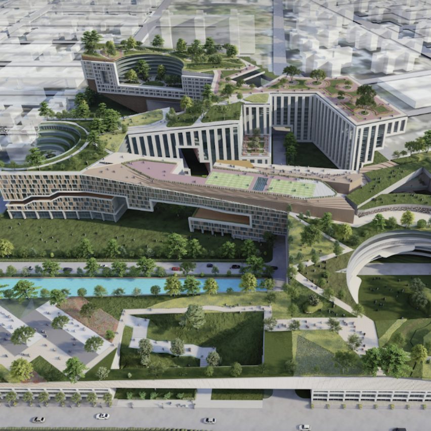 a visualisation of buildings with surrounding green space