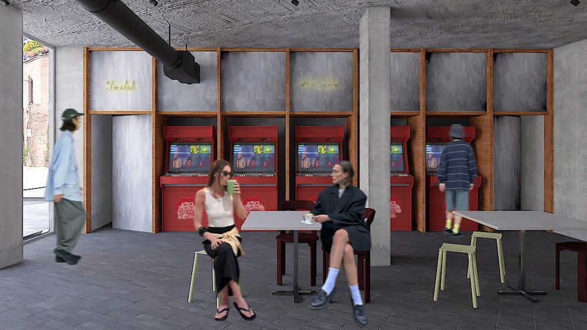 a visualisation of a cafe in tones of grey, white and red, with people in the space