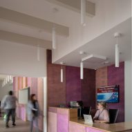 Pink plywood reception desk