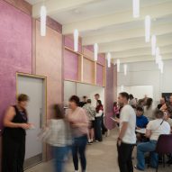 Pink plywood joinery in cafe