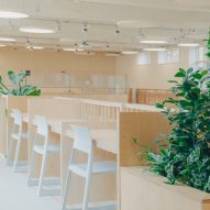 Fixed desks placed around perimeter of converted swimming pool