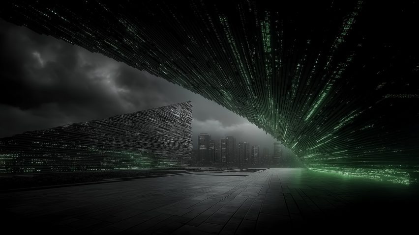 AI-generated image of dark monument with lime green accents