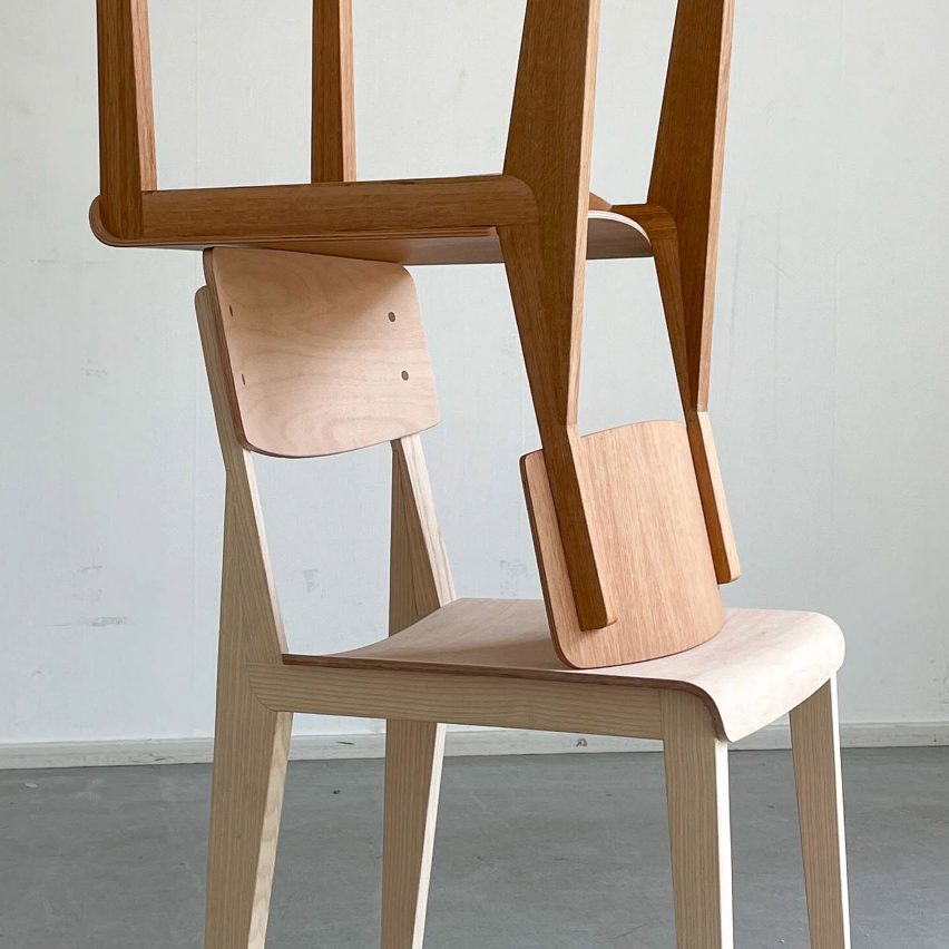 two chairs stacked on top of one another