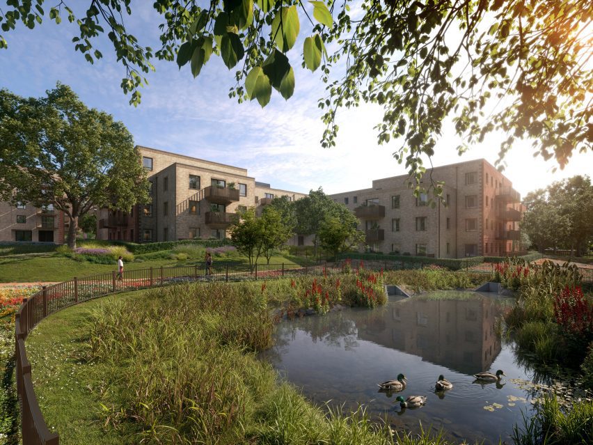 a visualisation of a building in front of a green space