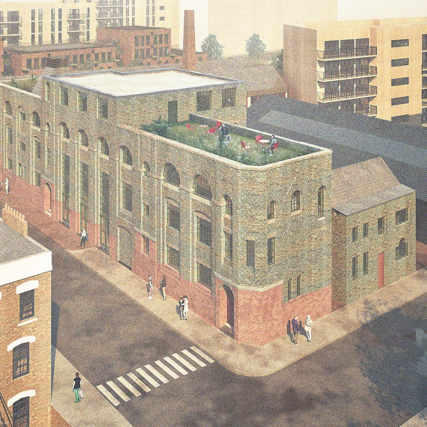 a visualisation of a building in tones of beige and pink
