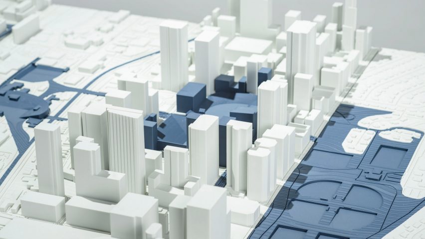 architectural model in tones of white and blue