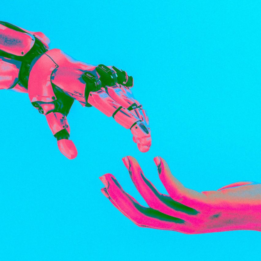 Graphic design of a robotic hand holding a human's hand