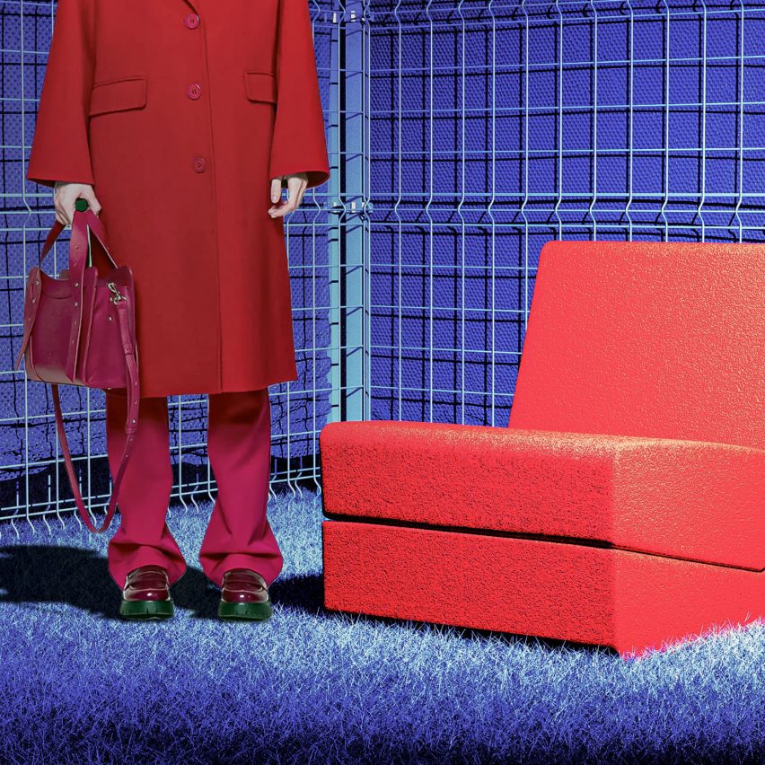 Graphic image of red chair and person wearing red coat, shoes and trousers