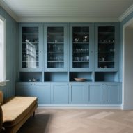 Blue-painted built-in cupboards