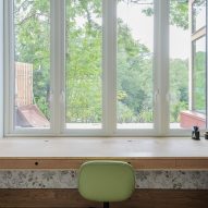 Study space with patterned wallpaper